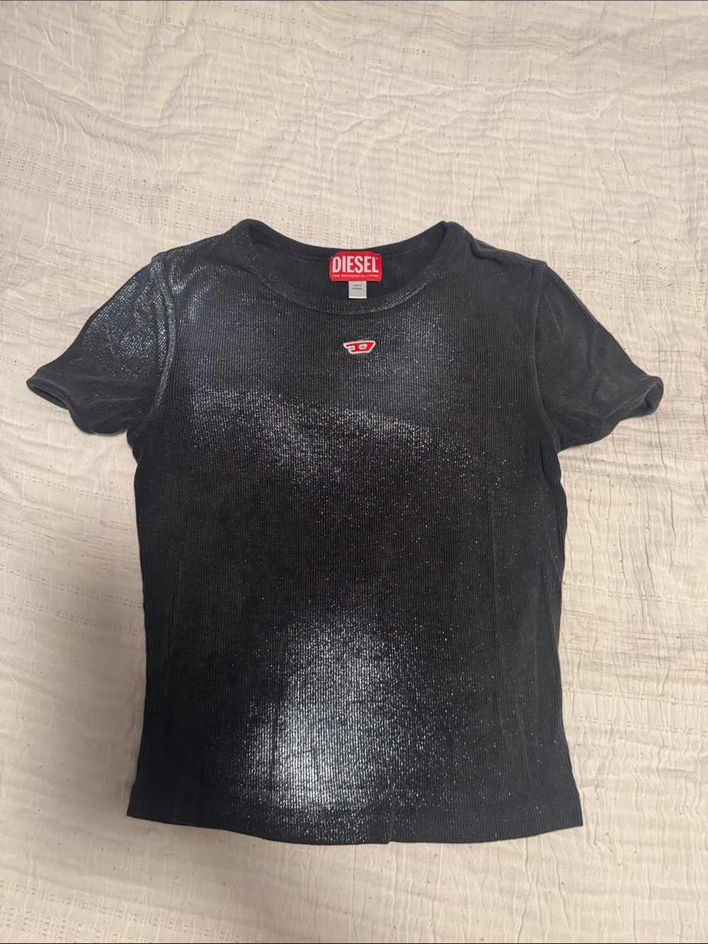 Diesel Black Glitter Short Sleeve Crop Top with Red Logo - Picture 3 of 6